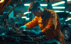 A mechanic examining an engine